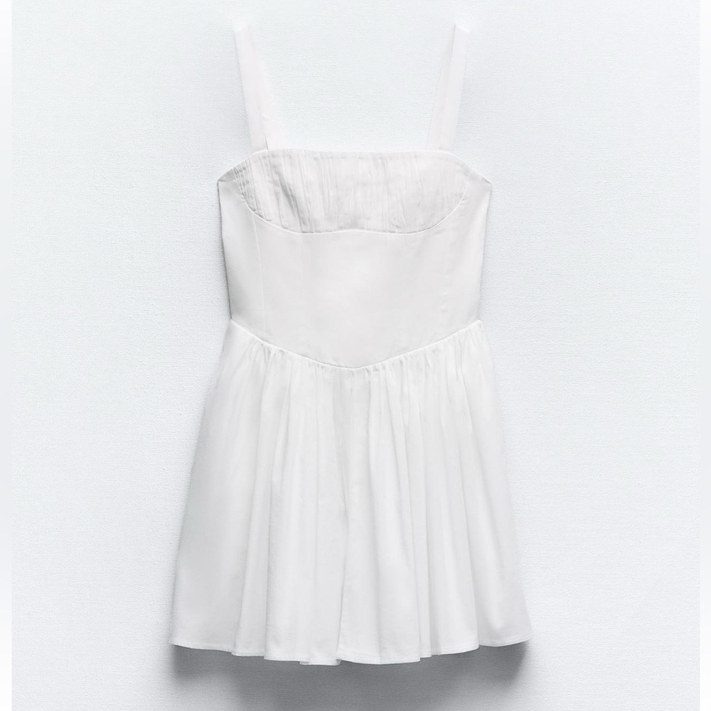 ZARA VOLUMINOUS SKIRT DRESS MINI WHITE ECRU DROP WAIST SMALL XS 5107/311